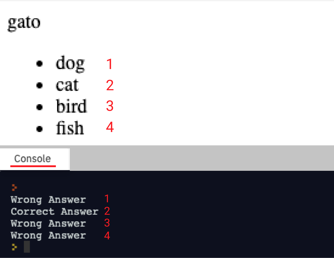 JavaScript quiz showing clickability of answers in the Console