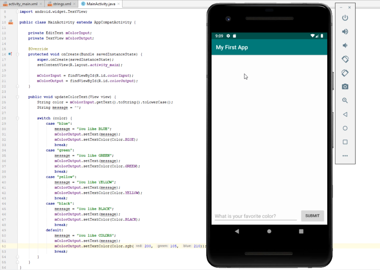 Screenshot of Android Studio with a color selection written in Java shown next to emulator