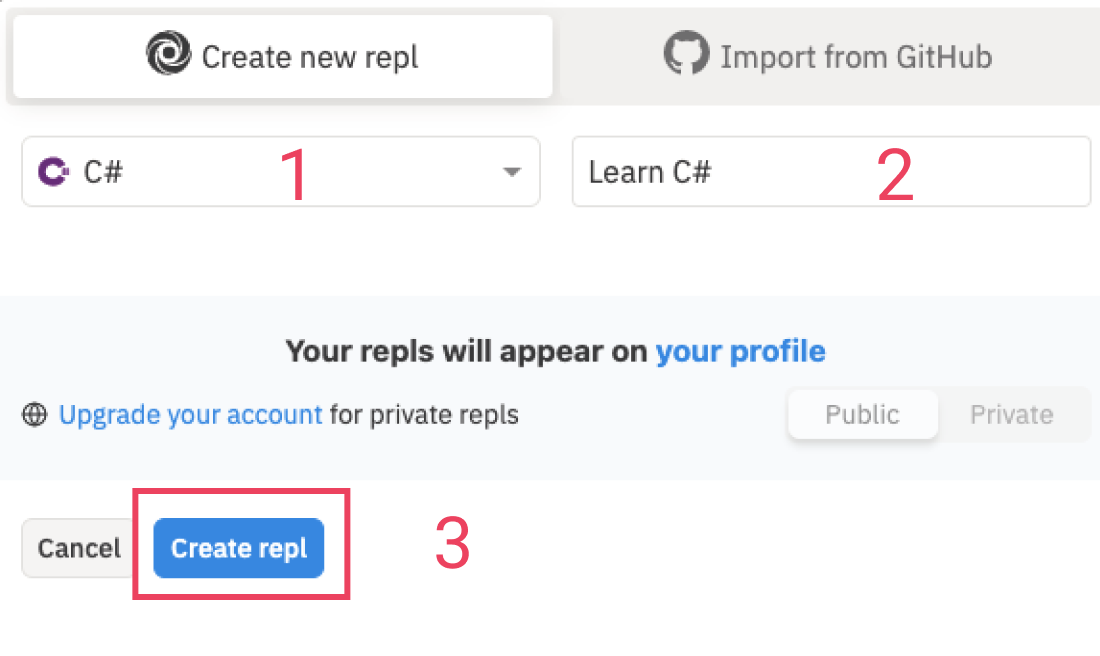 Steps to Create a new repl on replit.com