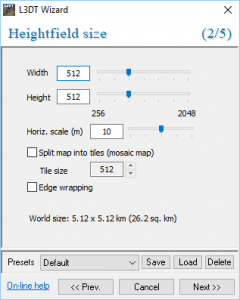 L3DT Wizard with Heightfield size settings open