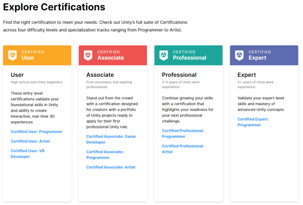 Screenshot of the Unity Certifications available