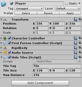 Player object in the Unity Inspector and Hide Tiles script
