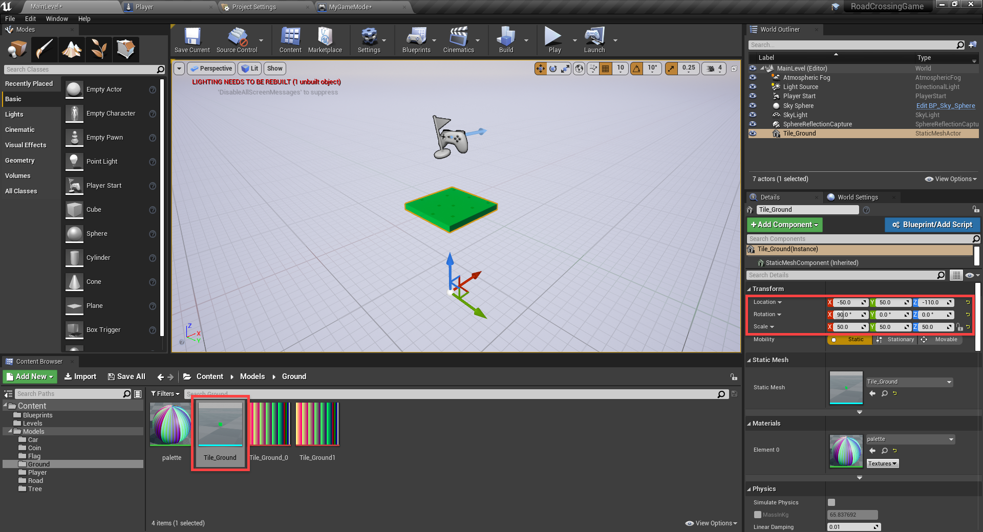 Unreal Engine with tile mesh added for level