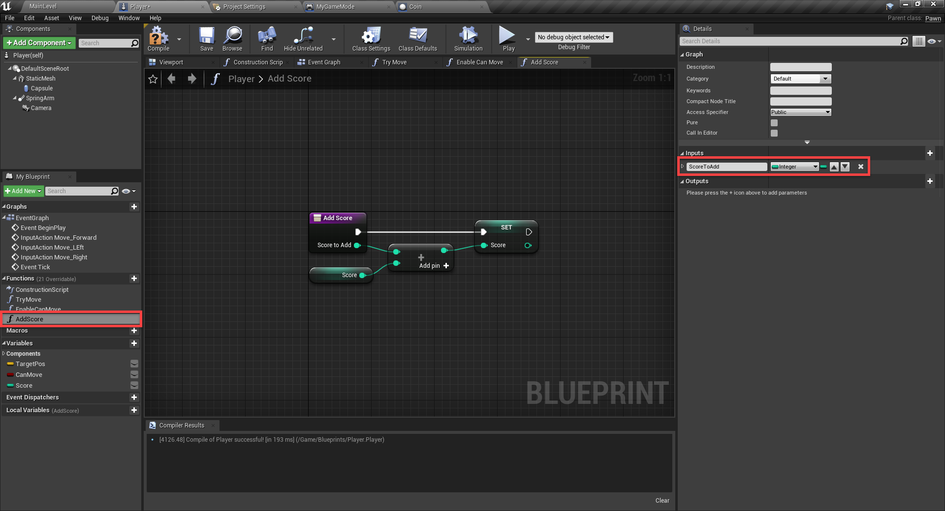 Unreal Engine with AddScore script added to Blueprint