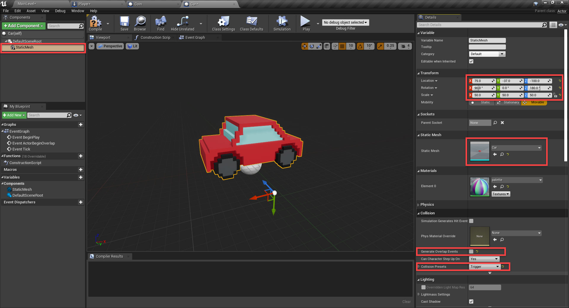 Unreal Engine with car object model for new blueprint