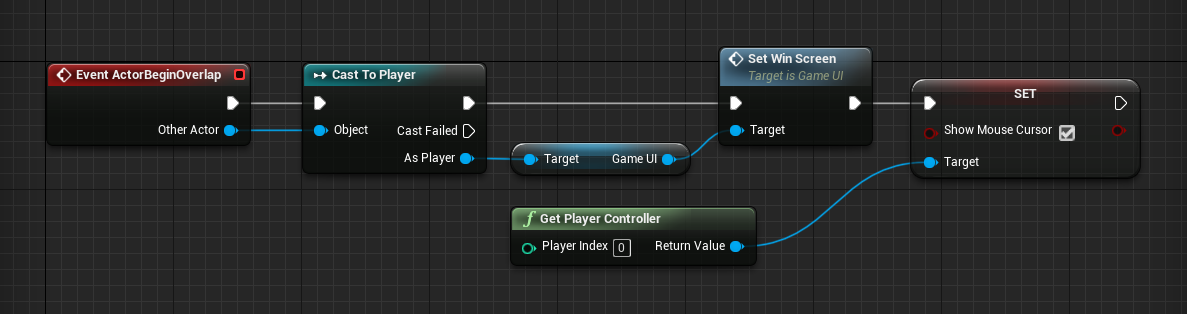 Logic to trigger game win pop up in Unreal Engine project