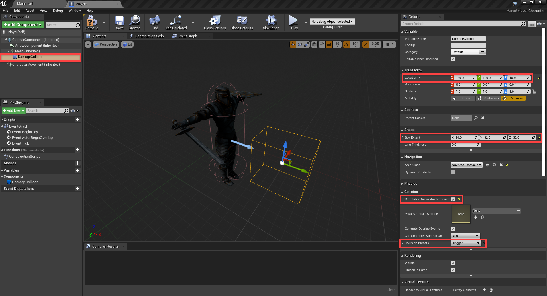 Damage collider added to Player Blueprint in Unreal Engine