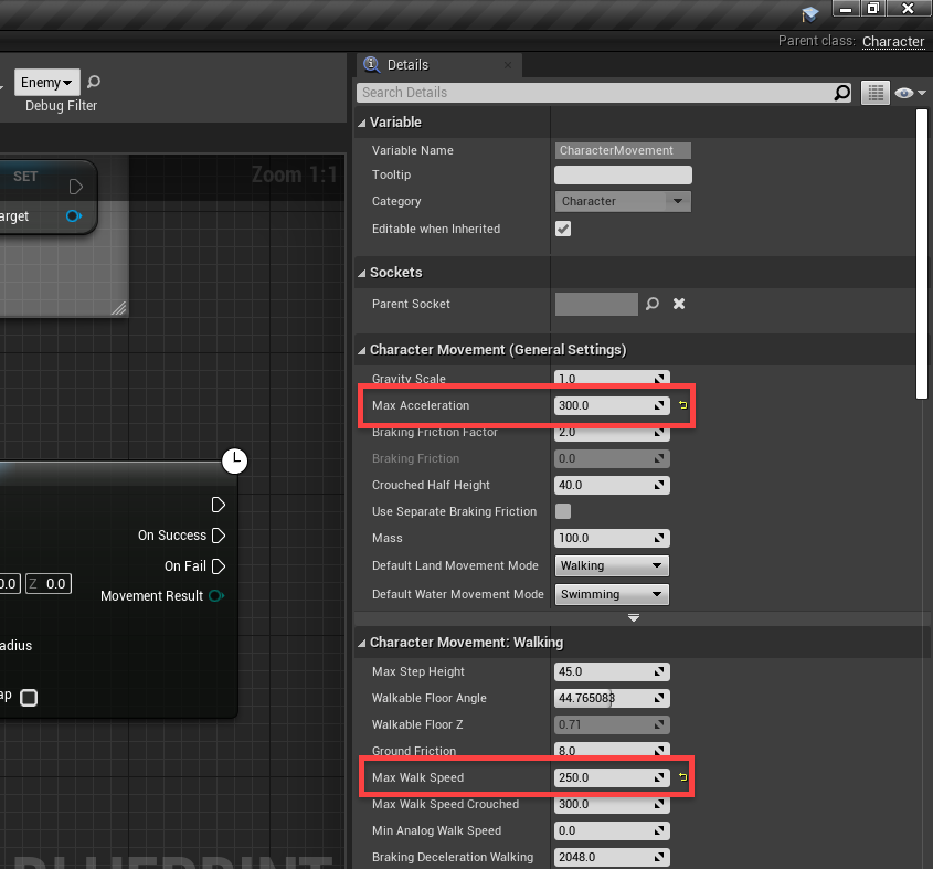 Unreal Engine Details window with speed settings applied