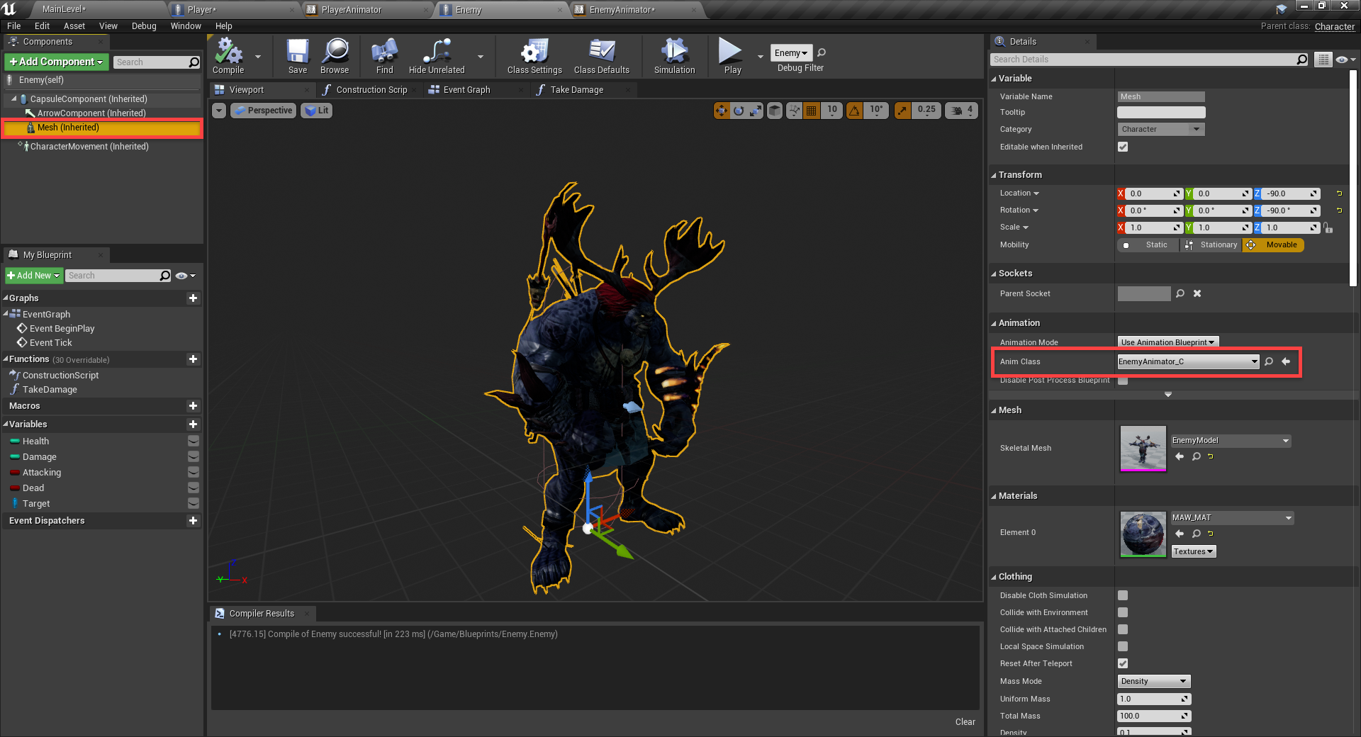 Enemy Anim Class set with animator in Unreal Engine