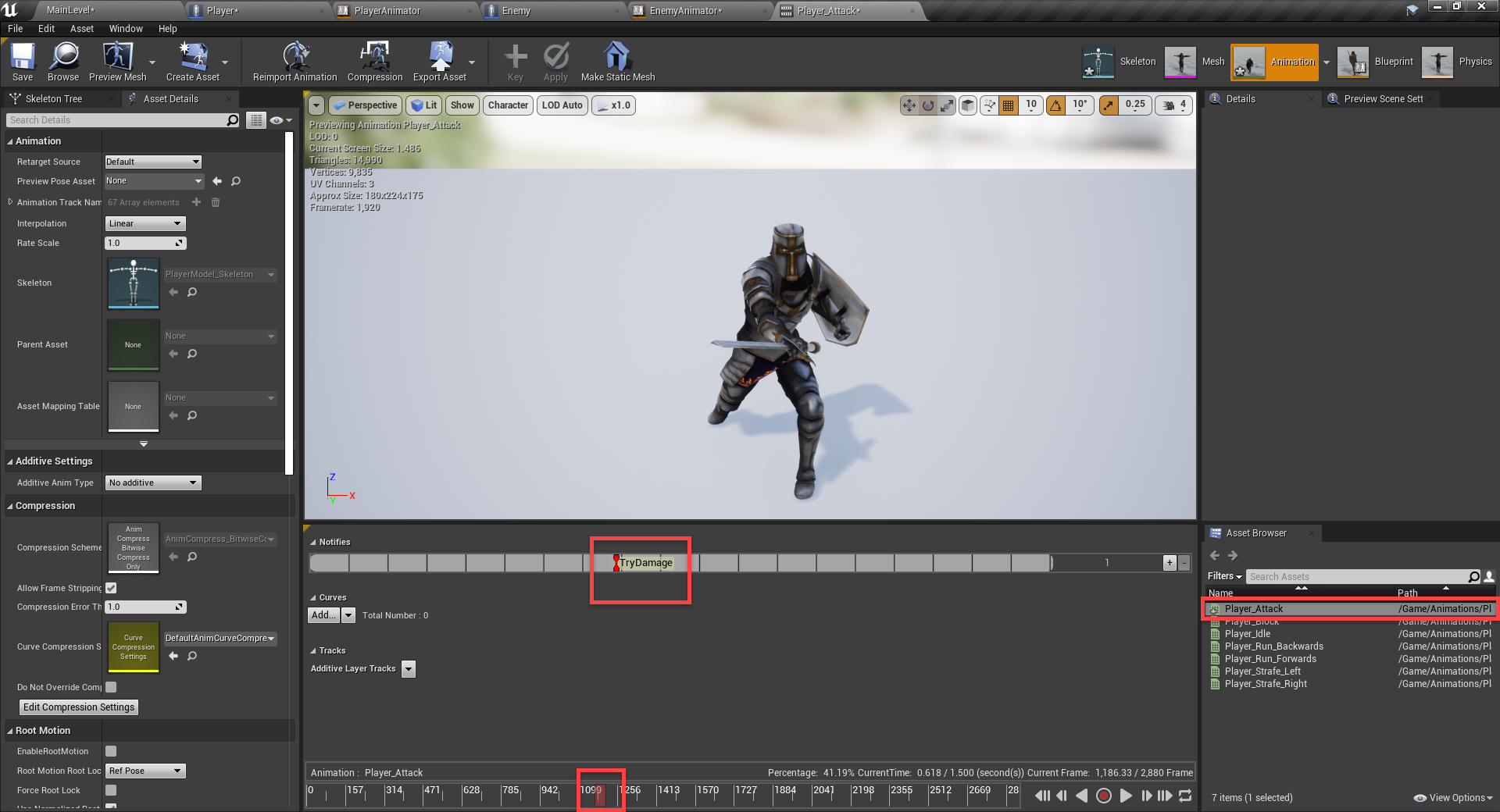 Unreal Engine animation with Try Damage function trigger added