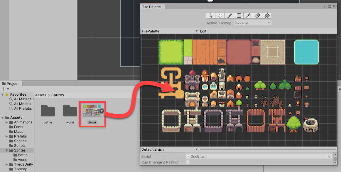 Creating the the tiles by dragging the sprite sheet into the Tile Palette window.