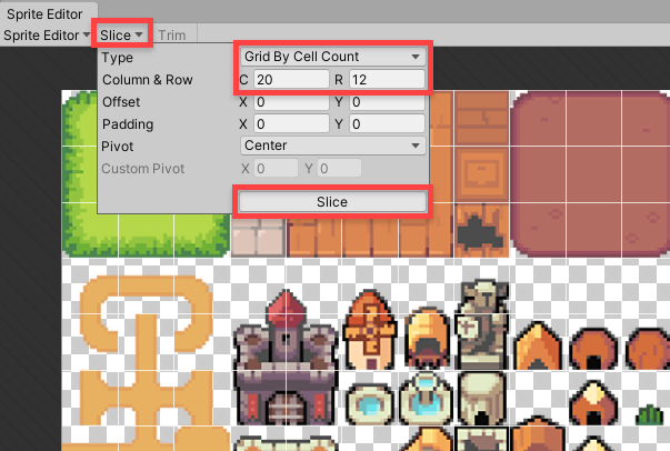 Slicing the sprite sheet in the Sprite Editor.