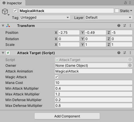Magical attack prefab with the attack target values.