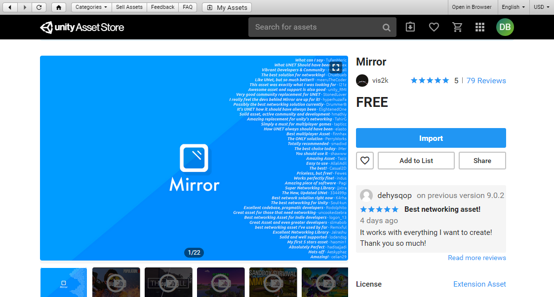 Downloading Mirror from the Asset Store.