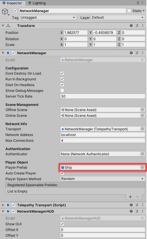 Setting the network manager player prefab.