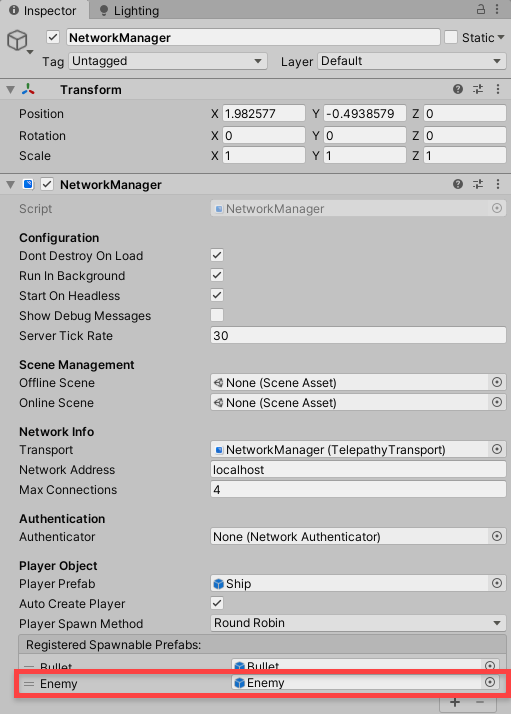 Adding the enemy prefab to the network manager's registered spawnable prefabs list.