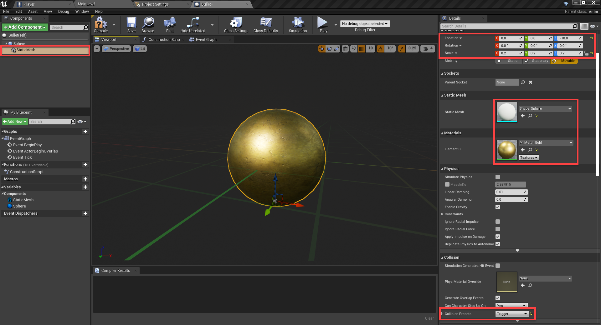 Gold metallic material added to FPS bullet
